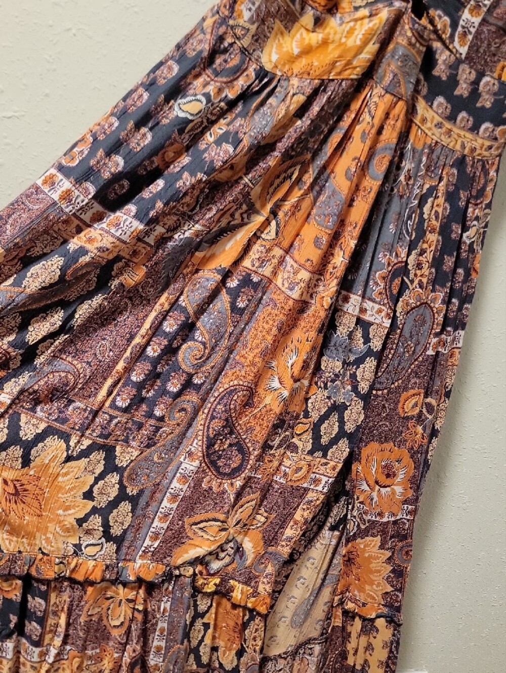 Angie Patchwork Paisley Maxi Dress in Rust and Navy Sz L 100% RAYON - Picture 7 of 12